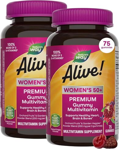 Nature's Way Alive! Women’s 50+ Premium Gummy Multivitamins, Supports Multiple Body Systems, B-Vitamins, Gluten-Free, Vegetarian, Grape and Cherry Flavored Gummies, 75 Gummies in Kuwait