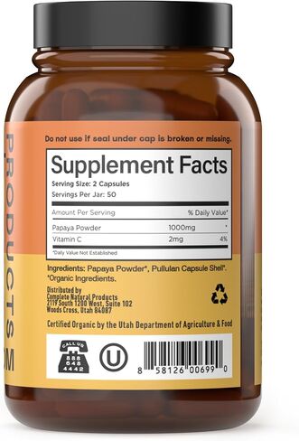 Complete Natural Products Organic Papaya Enzymes & Papain Enzyme Capsules - 500mg 100 Pills, Organic Papaya Powder Digestive Super Fruit Capsules in Saudi Arabia