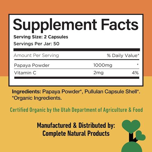 Complete Natural Products Organic Papaya Enzymes & Papain Enzyme Capsules - 500mg 100 Pills, Organic Papaya Powder Digestive Super Fruit Capsules in Saudi Arabia