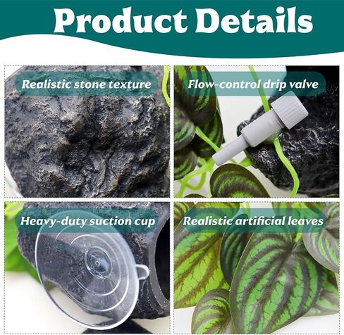 Reptile Water Dish with Dripper, Adjustable Wall-Mounted Water Bowl for Terrarium Humidity Control - Natural Rock Decor Feeding & Watering Dish for Gecko, Lizard, Snake, Frog & Small Reptiles in Kuwait
