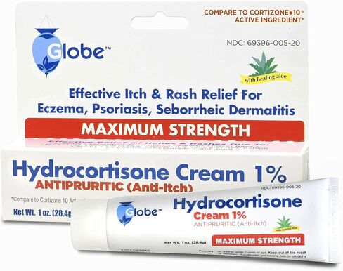 Globe Hydrocortisone Maximum Strength Cream 1% w/ Aloe, Anti-Itch Cream for Redness, Swelling, Itching, Rash & Dermatitis, Bug/Mosquito Bites, Eczema, Hemorrhoids & More in Kuwait