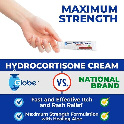 Globe Hydrocortisone Maximum Strength Cream 1% w/ Aloe, Anti-Itch Cream for Redness, Swelling, Itching, Rash & Dermatitis, Bug/Mosquito Bites, Eczema, Hemorrhoids & More in Kuwait