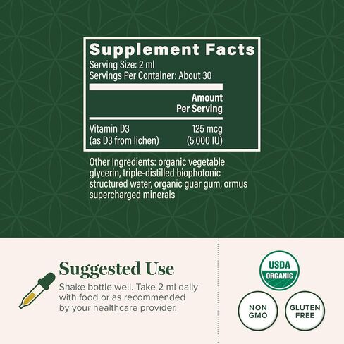 Global Healing Center USDA Organic Vitamin D3 5000IU Liquid Supplement Drops for Men & Women - Pure, Vegan Friendly, Non-GMO - Helps Support Bones, Immune System and Joints - 2 Fl Oz in Saudi Arabia