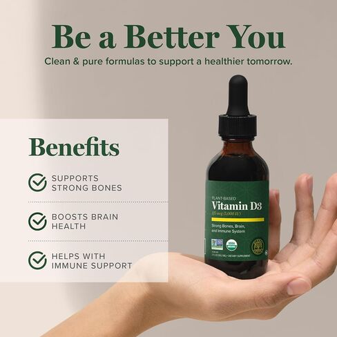 Global Healing Center USDA Organic Vitamin D3 5000IU Liquid Supplement Drops for Men & Women - Pure, Vegan Friendly, Non-GMO - Helps Support Bones, Immune System and Joints - 2 Fl Oz in Saudi Arabia