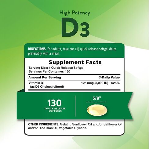 Nature's Truth Vitamin D3 5000 IU Softgels 130 Count | High Potency Vitamin D | Non-GMO, Gluten Free in Kuwait
