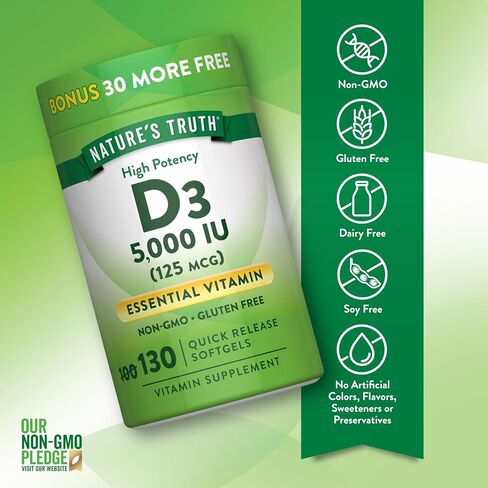 Nature's Truth Vitamin D3 5000 IU Softgels 130 Count | High Potency Vitamin D | Non-GMO, Gluten Free in Kuwait