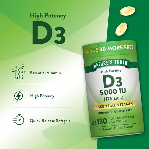 Nature's Truth Vitamin D3 5000 IU Softgels 130 Count | High Potency Vitamin D | Non-GMO, Gluten Free in Kuwait