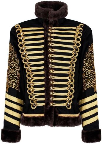 Ro Rox Men's Black and Gold Hussar Steampunk Parade Jacket Faux Fur in Kuwait
