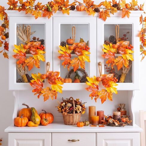 6 Pcs Fall Candle Rings Wreaths Thanksgiving Artificial Pumpkin Maple Leaf Candle Garland with Berries Candle Rings for Pillars Autumn Wedding Parties Centerpieces Fall Table Decor in Kuwait