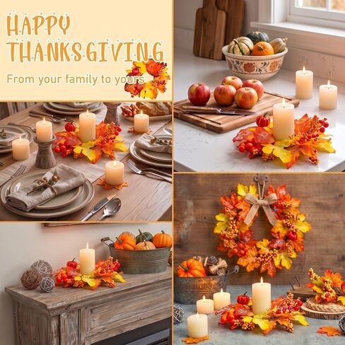 6 Pcs Fall Candle Rings Wreaths Thanksgiving Artificial Pumpkin Maple Leaf Candle Garland with Berries Candle Rings for Pillars Autumn Wedding Parties Centerpieces Fall Table Decor in Kuwait
