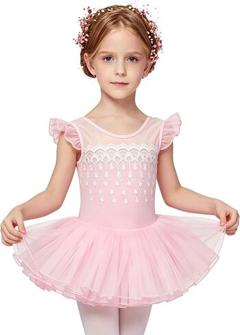 MdnMd Fly Short Sleeve Lace Dance Ballet Tutu Leotard Ballerina Outfit for Toddler Girls in Kuwait