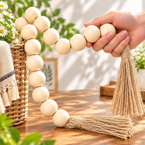 OMISHE إكليل خرز خشبي طويل كبير بطول 79 بوصة مع خرز وشرابات خشبية بقطر 1.2 بوصة، إكليل خرز خشبي ريفي لمزرعة ريفية لتزيين صينية متدرجة للمنزل، خرز زخرفي مع شرابات بيج in Kuwait