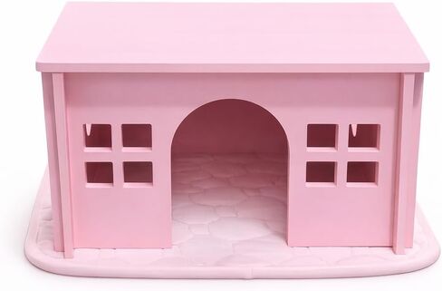 Pink Guinea Pig Hideout with Pee pad: Large Wooden House with Window for Guinea Pigs and Small Animals - Ideal for Cages, Chinchilla House or Bunny Hut, Wood, Non-Toxic (Pink) in Kuwait