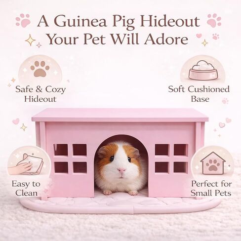 Pink Guinea Pig Hideout with Pee pad: Large Wooden House with Window for Guinea Pigs and Small Animals - Ideal for Cages, Chinchilla House or Bunny Hut, Wood, Non-Toxic (Pink) in Kuwait