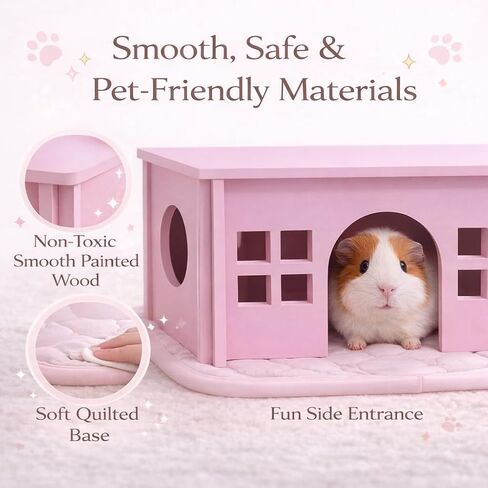 Pink Guinea Pig Hideout with Pee pad: Large Wooden House with Window for Guinea Pigs and Small Animals - Ideal for Cages, Chinchilla House or Bunny Hut, Wood, Non-Toxic (Pink) in Kuwait