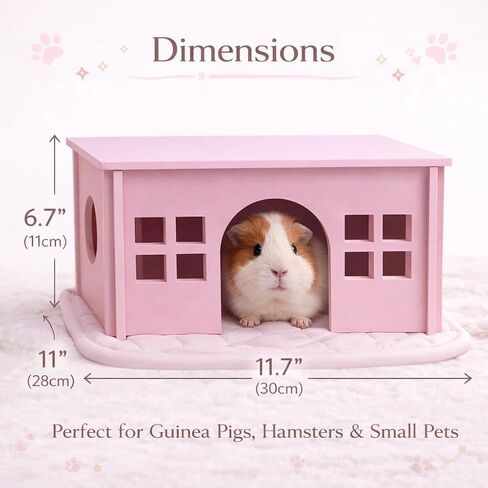 Pink Guinea Pig Hideout with Pee pad: Large Wooden House with Window for Guinea Pigs and Small Animals - Ideal for Cages, Chinchilla House or Bunny Hut, Wood, Non-Toxic (Pink) in Kuwait