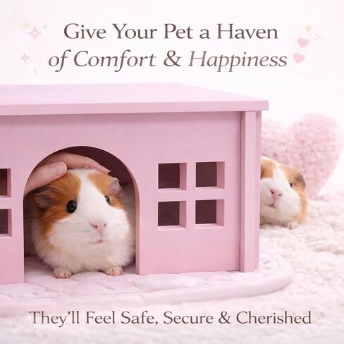 Pink Guinea Pig Hideout with Pee pad: Large Wooden House with Window for Guinea Pigs and Small Animals - Ideal for Cages, Chinchilla House or Bunny Hut, Wood, Non-Toxic (Pink) in Kuwait