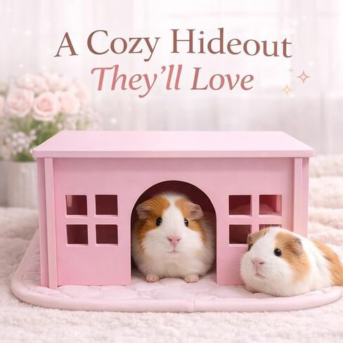 Pink Guinea Pig Hideout with Pee pad: Large Wooden House with Window for Guinea Pigs and Small Animals - Ideal for Cages, Chinchilla House or Bunny Hut, Wood, Non-Toxic (Pink) in Kuwait