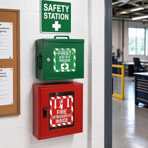 Green First Aid Kit Inside Red Fire Extinguisher Inside Stickers 4 Inch Safety Sign-Adhesive First Aid Kit Sign Decals UV Resistant 8 Pcs Industrial Safety Warning Decal for Trucks or Equipment in Saudi Arabia