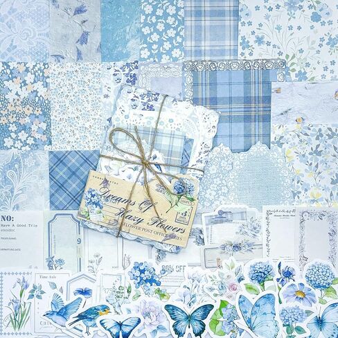100Pcs Light Blue Vintage Scrapbook Paper & Journaling Stickers Set, Mix Sizes Antiqu Printed Craft Paper, Retro Floral Design Junk Journal Supplies for DIY Card Making, Journaling, Photo Album in Saudi Arabia