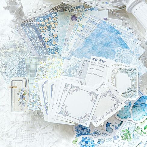 100Pcs Light Blue Vintage Scrapbook Paper & Journaling Stickers Set, Mix Sizes Antiqu Printed Craft Paper, Retro Floral Design Junk Journal Supplies for DIY Card Making, Journaling, Photo Album in Saudi Arabia