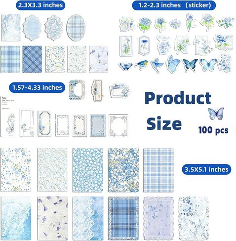 100Pcs Light Blue Vintage Scrapbook Paper & Journaling Stickers Set, Mix Sizes Antiqu Printed Craft Paper, Retro Floral Design Junk Journal Supplies for DIY Card Making, Journaling, Photo Album in Saudi Arabia