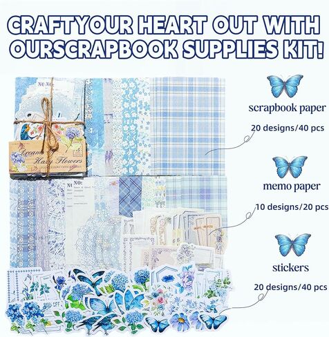 100Pcs Light Blue Vintage Scrapbook Paper & Journaling Stickers Set, Mix Sizes Antiqu Printed Craft Paper, Retro Floral Design Junk Journal Supplies for DIY Card Making, Journaling, Photo Album in Saudi Arabia
