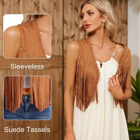 WERFORU Fringe Vest Women Faux Suede Open-Front Vintage Tassel Vest Coat Sleeveless 70s Hippie Boho Western Jacket in Saudi Arabia