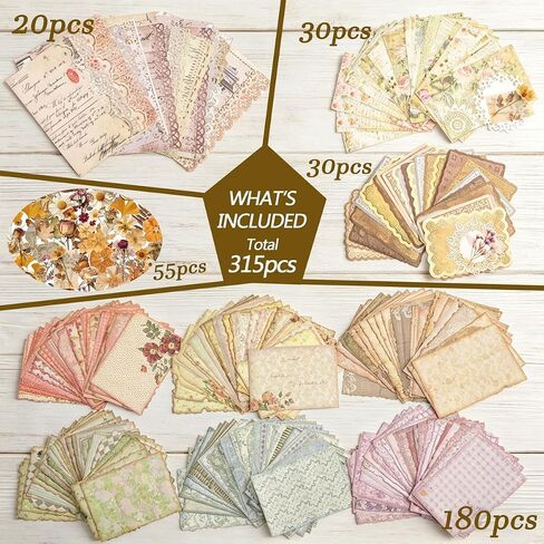 315 Sheets Vintage Scrapbook Supplies Paper Pack with Floral PET Stickers in Kuwait