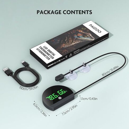 PAIZOO LED Rechargeable Reptile Thermometer Hygrometer Always-on Display in Kuwait