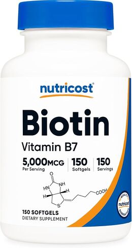 Nutricost Biotin (5,000mcg) in Coconut Oil 150 Softgels - Vitamin B7 - Gluten Free, Non-GMO in Kuwait