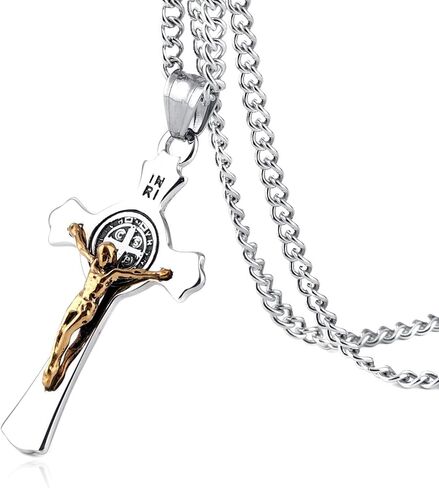 HZMAN Religion Stainless Steel Saint St St. Benedict Crucifix Cross Pendants Necklace INRI in Kuwait