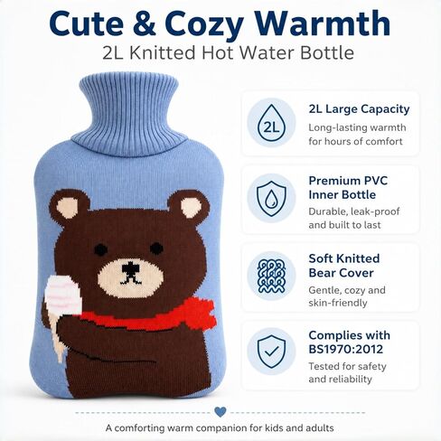 Hot Water Bag Hot Water Bottle 2 Liter Heat Up and Refreezable Hot Cold Pack with Knit Cover for Pain Relief Hot Cold Therapy, Cartoon Bear in Kuwait