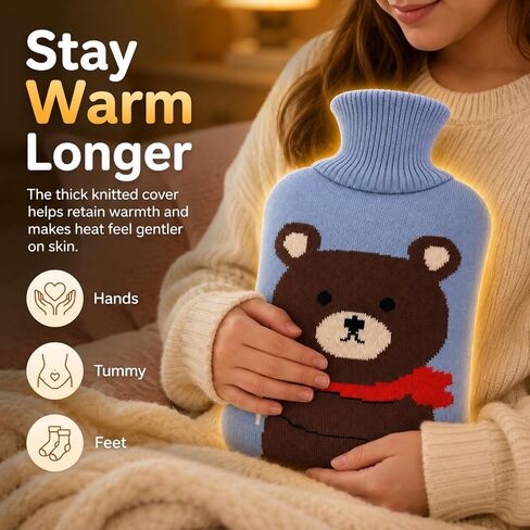 Hot Water Bag Hot Water Bottle 2 Liter Heat Up and Refreezable Hot Cold Pack with Knit Cover for Pain Relief Hot Cold Therapy, Cartoon Bear in Kuwait