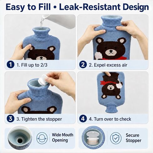 Hot Water Bag Hot Water Bottle 2 Liter Heat Up and Refreezable Hot Cold Pack with Knit Cover for Pain Relief Hot Cold Therapy, Cartoon Bear in Kuwait