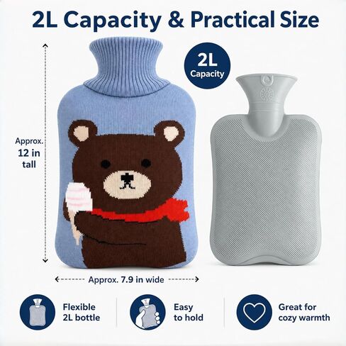 Hot Water Bag Hot Water Bottle 2 Liter Heat Up and Refreezable Hot Cold Pack with Knit Cover for Pain Relief Hot Cold Therapy, Cartoon Bear in Kuwait