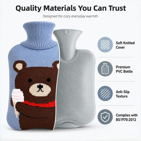 Hot Water Bag Hot Water Bottle 2 Liter Heat Up and Refreezable Hot Cold Pack with Knit Cover for Pain Relief Hot Cold Therapy, Cartoon Bear in Kuwait