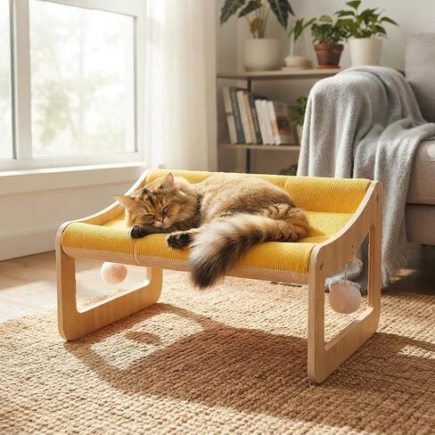 Wooden Elevated Pet Sofa Bed (53x40cm / 20.87x15.75in) - Small Dog & Cat Lounge with Yellow Corduroy Cushion & Play Balls in Kuwait