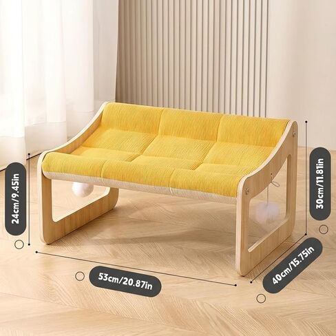 Wooden Elevated Pet Sofa Bed (53x40cm / 20.87x15.75in) - Small Dog & Cat Lounge with Yellow Corduroy Cushion & Play Balls in Kuwait