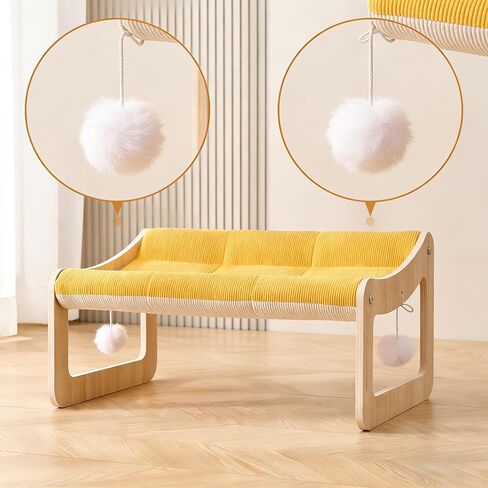 Wooden Elevated Pet Sofa Bed (53x40cm / 20.87x15.75in) - Small Dog & Cat Lounge with Yellow Corduroy Cushion & Play Balls in Kuwait