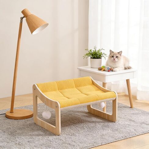 Wooden Elevated Pet Sofa Bed (53x40cm / 20.87x15.75in) - Small Dog & Cat Lounge with Yellow Corduroy Cushion & Play Balls in Kuwait