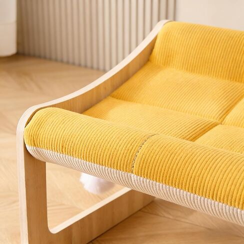 Wooden Elevated Pet Sofa Bed (53x40cm / 20.87x15.75in) - Small Dog & Cat Lounge with Yellow Corduroy Cushion & Play Balls in Kuwait
