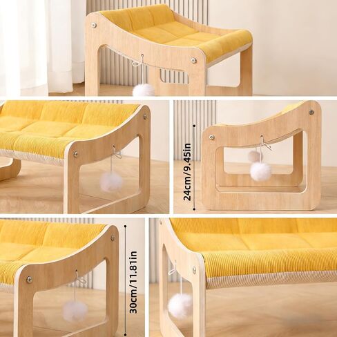 Wooden Elevated Pet Sofa Bed (53x40cm / 20.87x15.75in) - Small Dog & Cat Lounge with Yellow Corduroy Cushion & Play Balls in Kuwait
