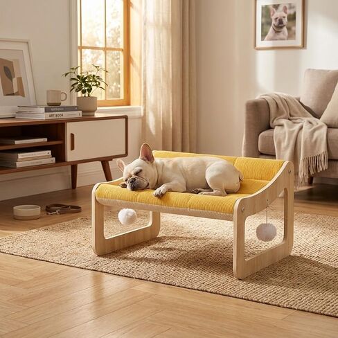 Wooden Elevated Pet Sofa Bed (53x40cm / 20.87x15.75in) - Small Dog & Cat Lounge with Yellow Corduroy Cushion & Play Balls in Kuwait