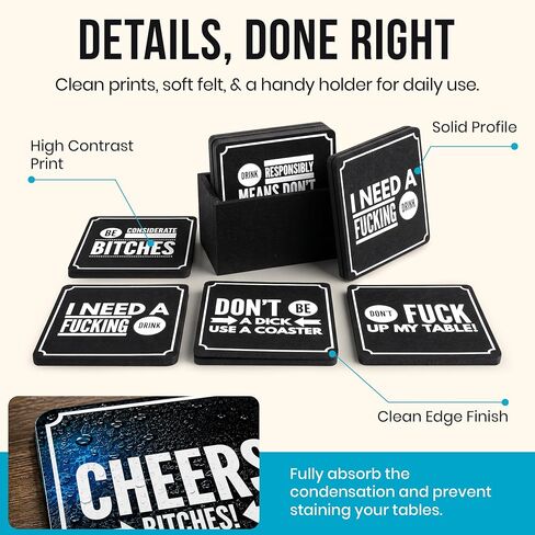 Summit One Funny Coasters for Drinks, Set of 10 (4 x 4 Inch, 5mm Thick) - Bar Accessories for The Home bar Set, Absorbent Felt Drink Coasters The Ideal Man cave Accessories in Kuwait