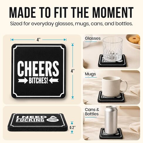 Summit One Funny Coasters for Drinks, Set of 10 (4 x 4 Inch, 5mm Thick) - Bar Accessories for The Home bar Set, Absorbent Felt Drink Coasters The Ideal Man cave Accessories in Kuwait