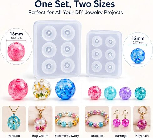 2pcs Sphere Ball Silicone Bead Molds with Holes Round Resin Epoxy Mold for Jewelry, Polymer Clay, Soap Making, Cabochon Gemstone DIY Crafting Projects,Diameter 12mm, 16mm (Sphere Ball 2 in Set) in Saudi Arabia