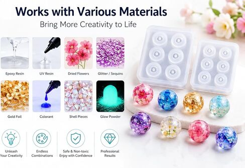 2pcs Sphere Ball Silicone Bead Molds with Holes Round Resin Epoxy Mold for Jewelry, Polymer Clay, Soap Making, Cabochon Gemstone DIY Crafting Projects,Diameter 12mm, 16mm (Sphere Ball 2 in Set) in Saudi Arabia