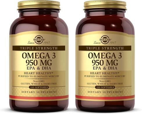 SOLGAR Triple Strength Omega 3 950 mg - 100 Softgels, Pack of 2 - Supports Cardiovascular, Joint & Skin Health - Non-GMO, Gluten Free, Dairy Free - 200 Total Servings in Kuwait