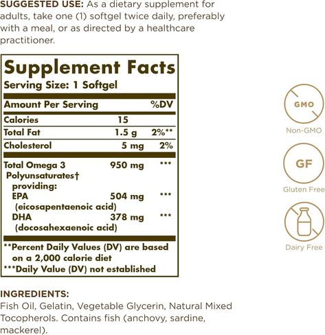 SOLGAR Triple Strength Omega 3 950 mg - 100 Softgels, Pack of 2 - Supports Cardiovascular, Joint & Skin Health - Non-GMO, Gluten Free, Dairy Free - 200 Total Servings in Kuwait
